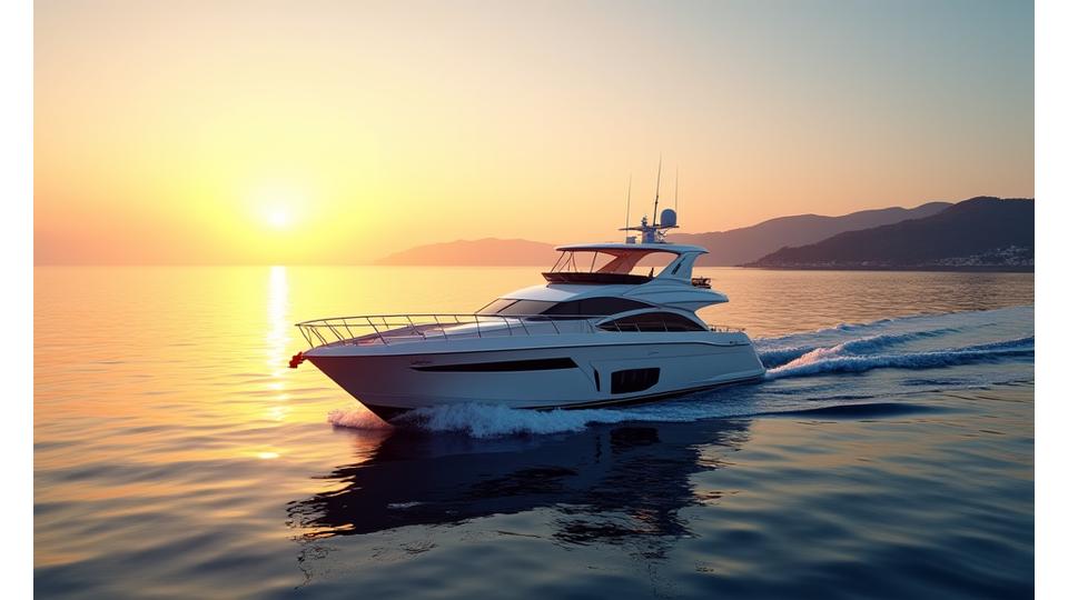Luxury yacht gently sailing at sunset