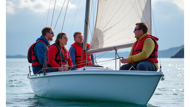 Students learning to sail on a small training yacht, mobile view